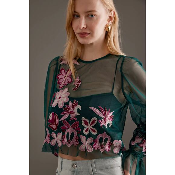 nwt by ANTHROPOLOGIE sz 1X Long Sleeve Embroidered Mesh Top - Picture 2 of 5
